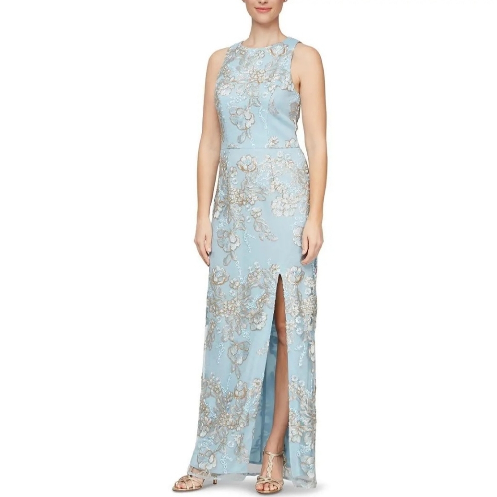 Sleeveless Blue Floral Embroidered Maxi Dress with Front Slit